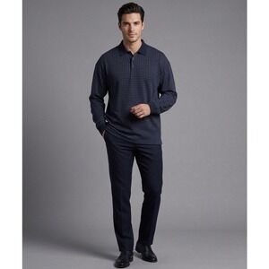 Austin Reed London Mens XL Long Sleeve Polo Shirt Navy Blue Geometric Print